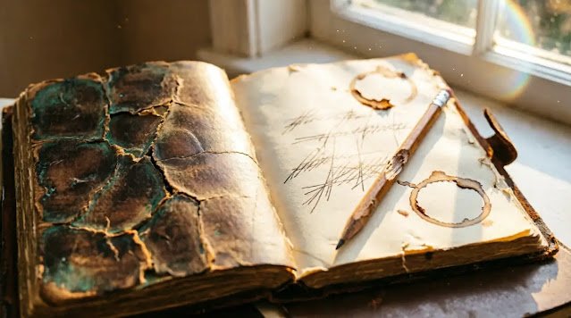Worn notebook pencil coffee stains light reveals ghost corrections (AI-generated illustration)