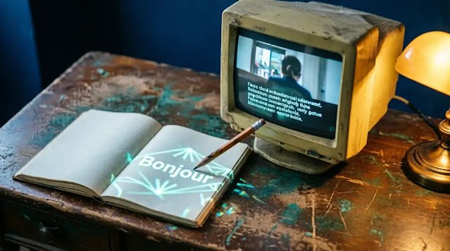 CRT monitor subtitles only notebook pencil screen glow projection (AI-generated illustration)