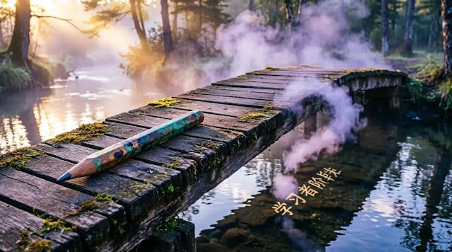 Wooden bridge pencil mist shadow water reflection name words (AI-generated illustration)