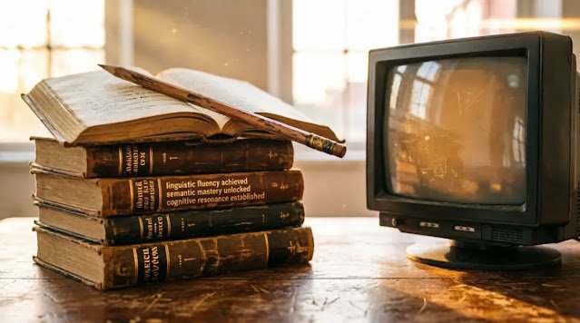 Vintage dictionaries pencil library table glowing monitor reflection (AI-generated illustration)