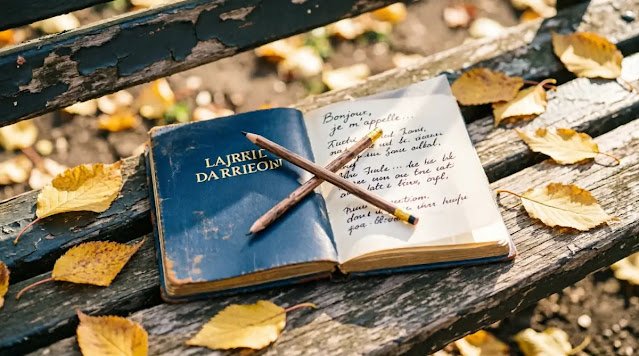 Two pencils crossed blue notebook park bench layered pages autumn (AI-generated illustration)
