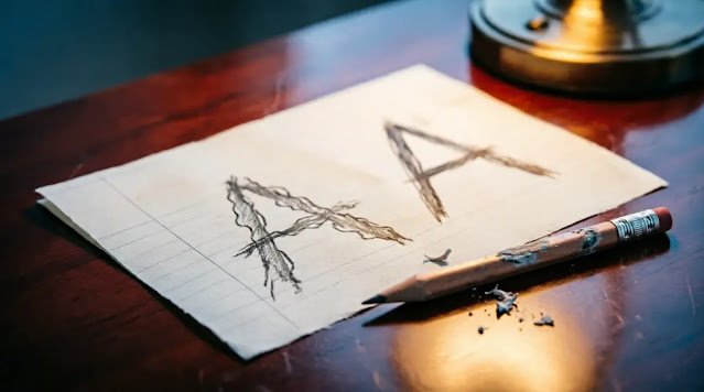 Pencil misshapen letter A polished desk reflection perfect form (AI-generated illustration)