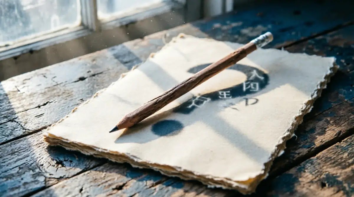 Wooden pencil blank notebook shadow question mark morning light (AI-generated illustration)