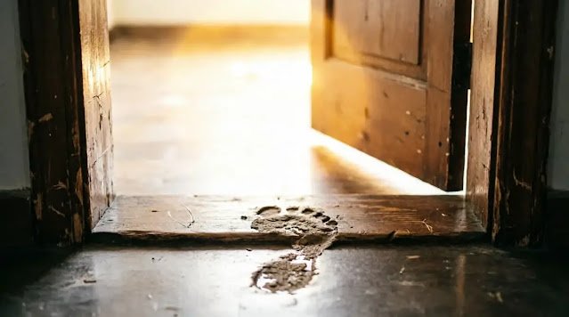 doorway with light, single footprint on threshold (AI-generated illustration)