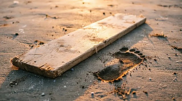wooden plank on ground with footprint, golden hour light (AI-generated illustration)