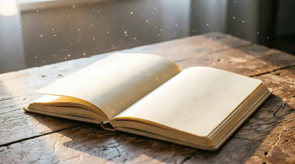 open empty notebook on wooden table, soft morning light (AI-generated illustration)