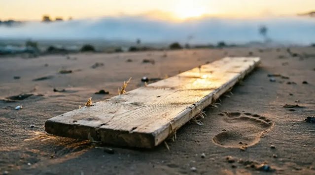 Wooden plank on the ground with a footprint (AI-generated illustration)