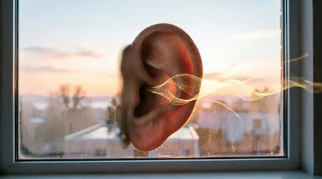 ear silhouetted against window with golden sound waves, soft dawn light (AI-generated illustration)