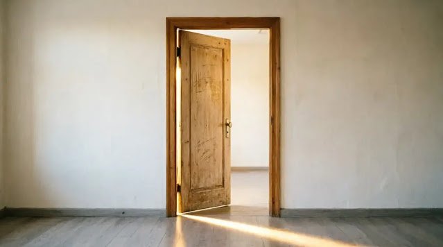 wooden door slightly ajar with warm light spilling through, empty room