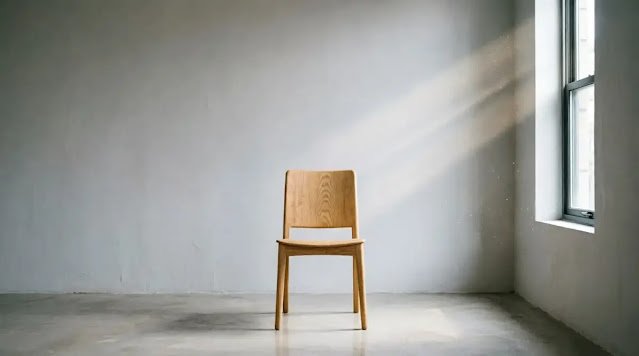 wooden chair facing blank wall, soft morning light, dust motes (AI-generated illustration)