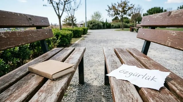 two empty benches with notebook and paper with Turkish word, soft daylight (AI-generated illustration)