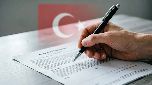 hand holding pen over Turkish bank document, soft indoor light (AI-generated illustration)