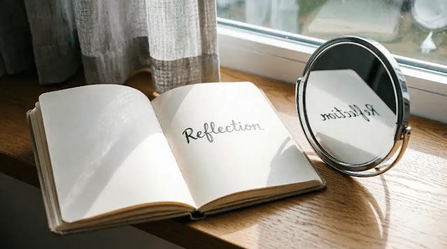 open notebook with single word, small mirror reflecting it, soft morning light (AI-generated illustration)