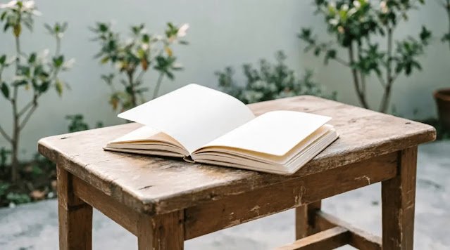 wooden bench with open blank notebook on seat, soft daylight (AI-generated illustration)
