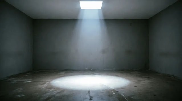 dark room with single beam of light from above illuminating floor spot (AI-generated illustration)