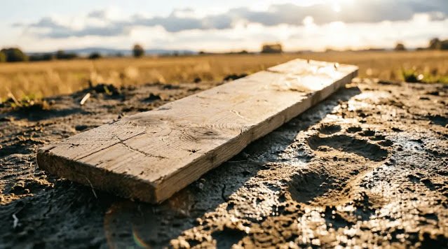 single wooden plank on ground with footprint beside it, golden hour light (AI-generated illustration) Hover text: The bridge that started with nothing