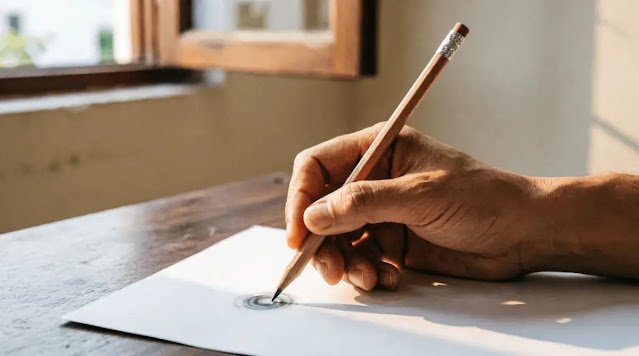 hand holding pencil touching blank page with single graphite dot, warm light (AI-generated illustration)