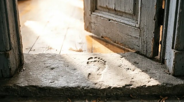 doorway with light, single footprint on threshold, soft light (AI-generated illustration)