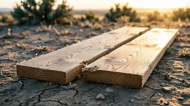 two wooden planks on ground, golden hour light (AI-generated illustration)
