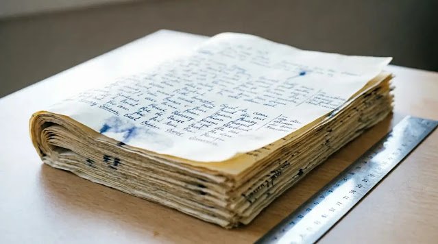 stack of handwritten pages with ruler, soft light (AI-generated illustration)