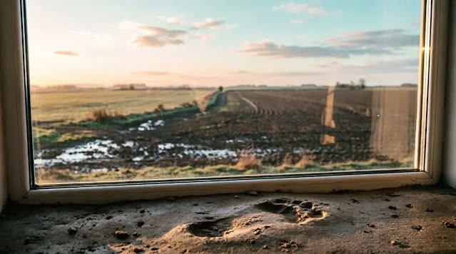 window overlooking field, single footprint in soil, sunrise light (AI-generated illustration)
