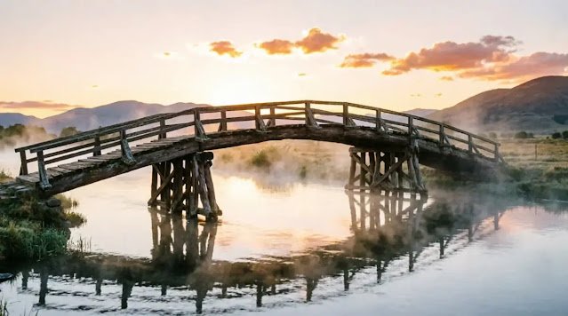 Wooden bridge over calm river at golden hour(AI-generated illustration)