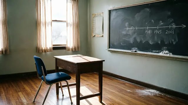 Empty classroom with a chair pushed back, chalkboard in background(AI-generated illustration)
