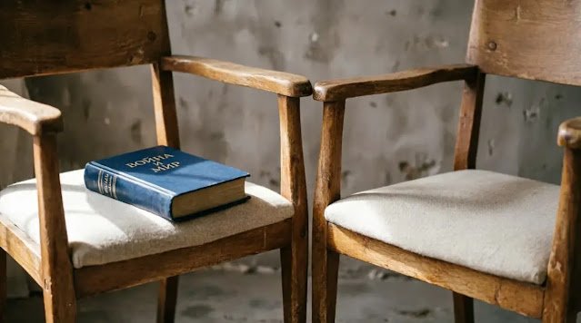 Two empty chairs facing each other with a closed book on one(AI-generated illustration)