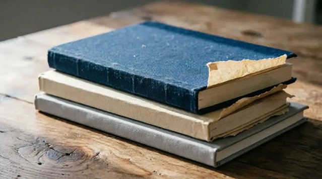 Stack of three worn notebooks in morning light(AI-generated illustration)