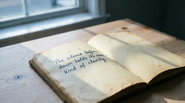 Open notebook with one sentence visible in early morning light(AI-generated illustration)