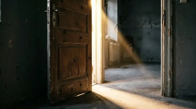 door slightly open with light spilling out, dark room (AI-generated illustration)