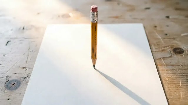 single pencil standing upright on blank page, soft morning light (AI-generated illustration)