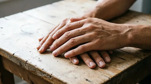 two hands folded on simple table, soft daylight (AI-generated illustration)