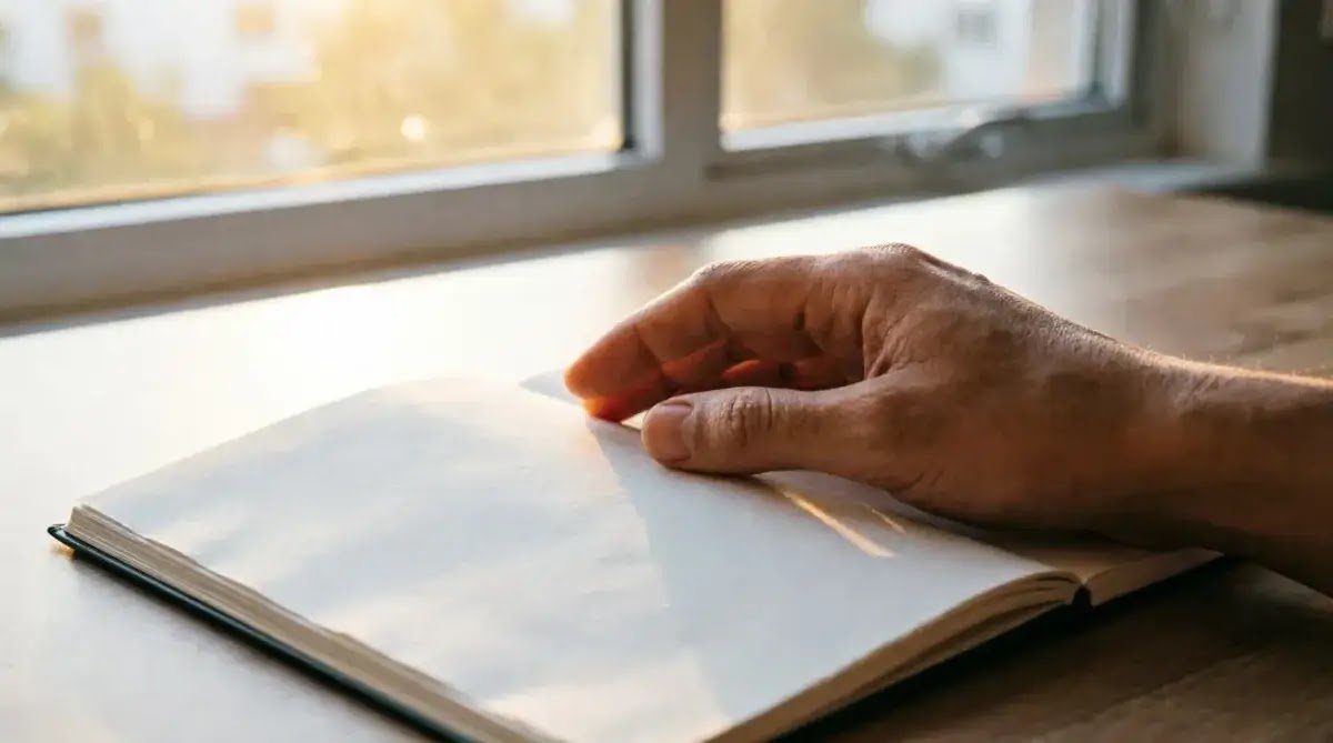 hand resting on open blank notebook, soft dawn light (AI-generated illustration)