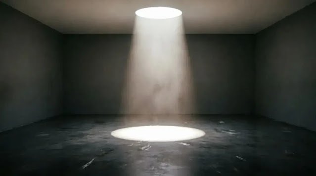 dark room with single beam of light from above illuminating floor spot (AI-generated illustration)