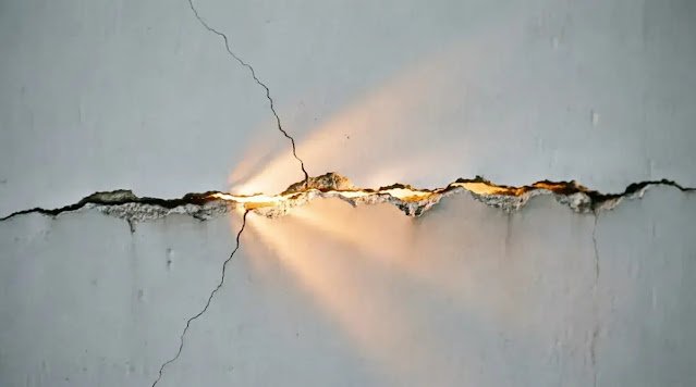 crack in wall with light seeping through, soft warm light (AI-generated illustration)