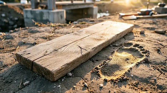 single wooden plank on ground with footprint beside it, golden hour light (AI-generated illustration)