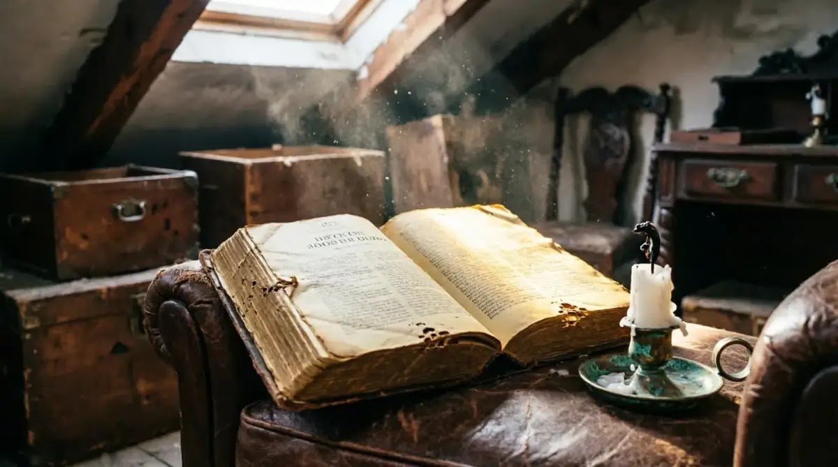 An open book on a wooden crate in a dim room(AI-generated illustration)