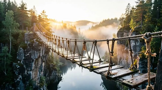 A wooden bridge over calm water at golden hour(AI-generated illustration)