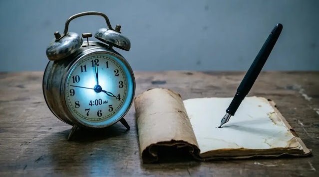 4 AM alarm clock wooden table notebook pen ready (AI-generated illustration)