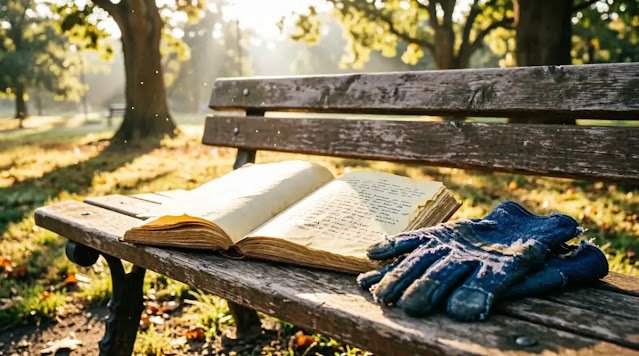 Empty park bench sunrise work glove notebook half-filled (AI-generated illustration)