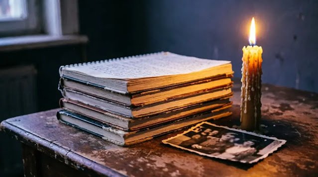 Candle flame dark room photograph stack completed notebooks (AI-generated illustration)
