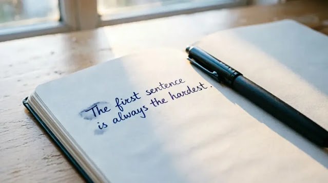 Open notebook pen wooden table one foreign sentence (AI-generated illustration)