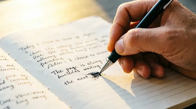 Anonymous hand writing one sentence notebook dawn filled (AI-generated illustration)