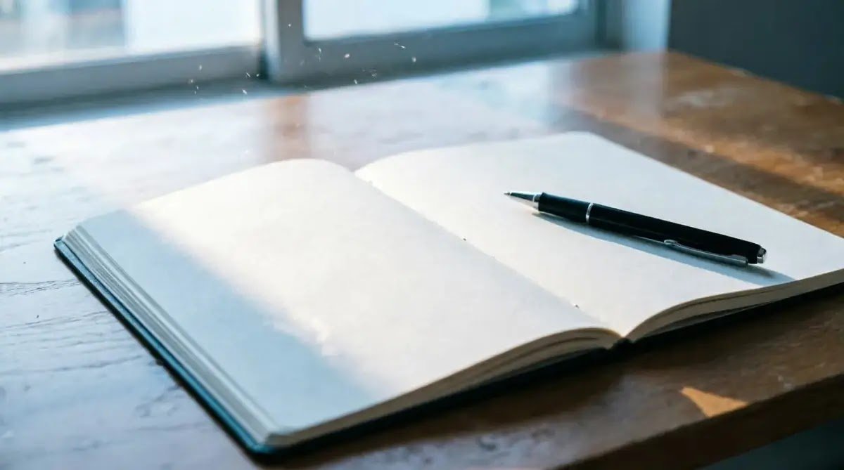 Empty chair window open notebook a black pen dawn blank page (AI-generated illustration)