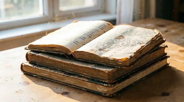 Stack worn notebooks wooden table soft light filled pages (AI-generated illustration)