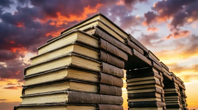 Bridge made stacked notebooks filled pages golden sky above (AI-generated illustration)