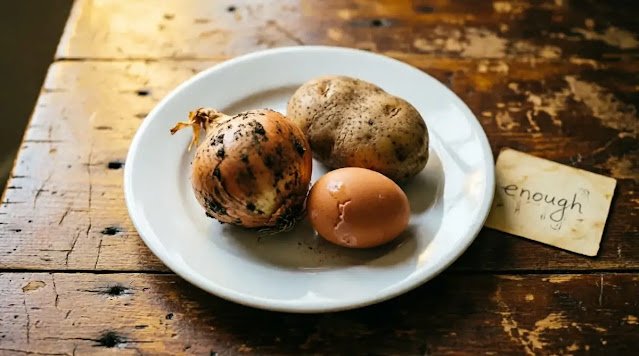 Plate onion potato egg wooden table handwritten note enough (AI-generated illustration)