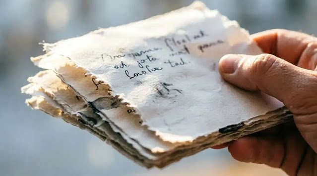 Hand holding handwritten pages morning light incomplete words (AI-generated illustration)