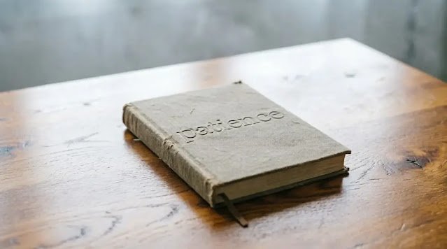 Empty wooden table closed notebook gray light word impression (AI-generated illustration)